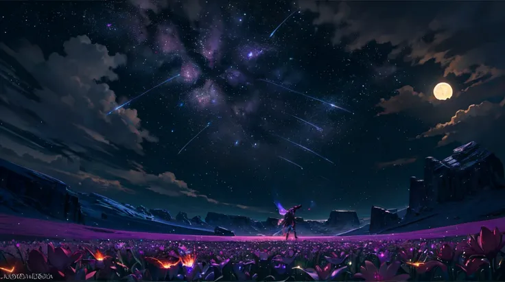 expansive landscape photograph , (a view from below that shows sky above and open field below), a girl standing on flower field looking up, (full moon:1.2), ( shooting stars:0.9), (nebula:1.3), distant mountain, tree BREAK
production art, (warm light sourc...