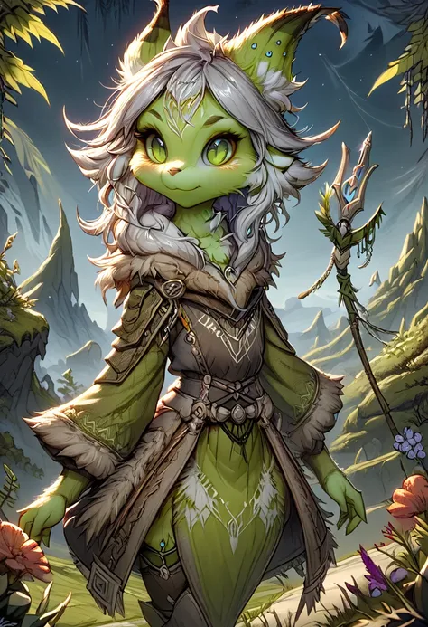 anthropomorphic female grinch grasshopper mage. official art – charecter profile. an award-winning digital masterpiece in 4k ult...