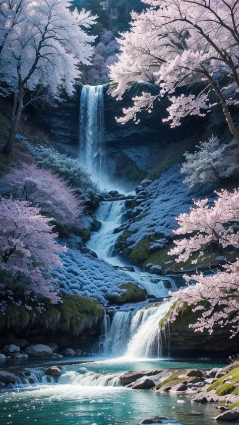 a beautiful land of silver crystals, rivers with cascading waterfalls, cherry blossom trees with petals dancing in the wind, blue roses, (best quality,4k,8k,highres,masterpiece:1.2),ultra-detailed,(realistic,photorealistic,photo-realistic:1.37),landscape,f...