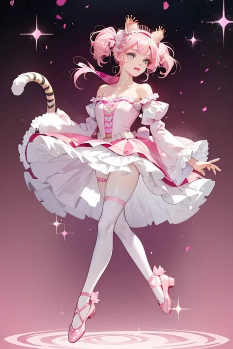 Her eyes and eye makeup are the same but her lipstick is hot pink. Her rose pink hair is worn loose and straightened with her bangs pulled back and worn with a hot pink cat-ear headband decorated with a pink accessory and white crown. She wears a ballerina...