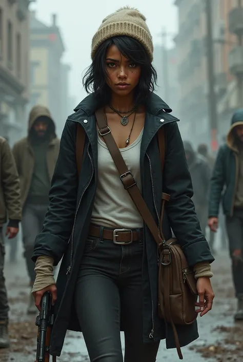 The Walking Dead Series, Female, 31, African American And Native American, Athletic Hourglass Body Type, Brown Honey Eyes, Light Freckles, Black Short Hair, Black Coat And Black Jeans, White Shirt Under Coat, Holstered Gun, Bandages On Her Arms, Combat Boo...