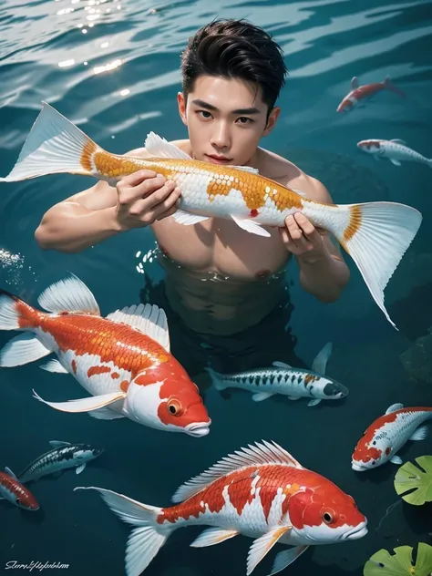 Portrait of 1 Handsome chinese slim guy, 20 years old, Hair combed smoothly, in bermudas, half body on water. He has medium long wet dark hair, athetic. Some medium and big size colourful Koi fishes diving and swimming underwater surrounding the young man,...