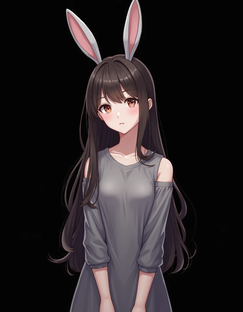 ((best quality)), ((masterpiece)), (detailed), perfect face, korean girl, ulzzang, bunny ears, black background, full body, arms behind back, 