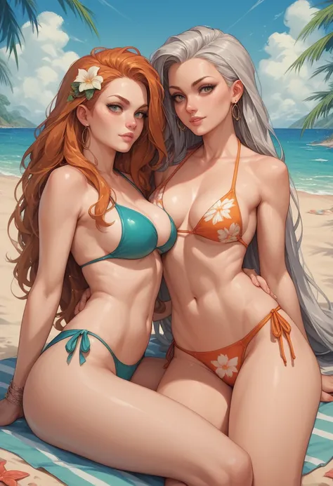 2 girls , one silver long hair brown and one ginger hair blueness girl , bikinis