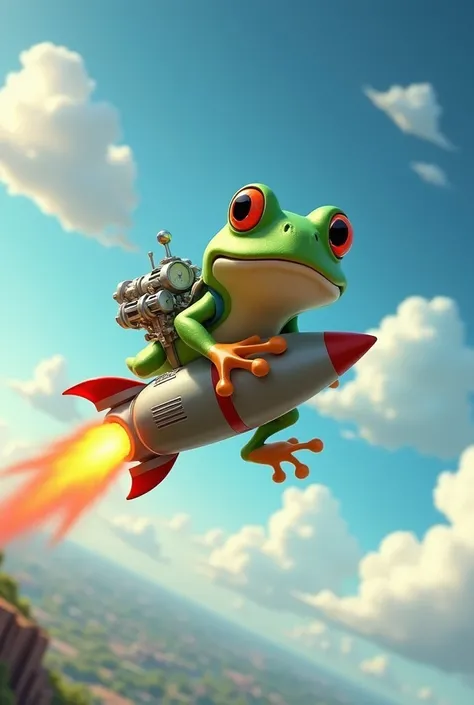 A frog with a rocket in his back flying

