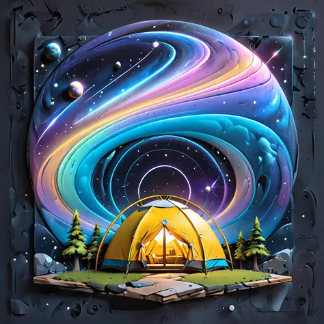 Glamping、symbol、Three-dimensional、Shine、Shine、gold、The background is a large galaxy