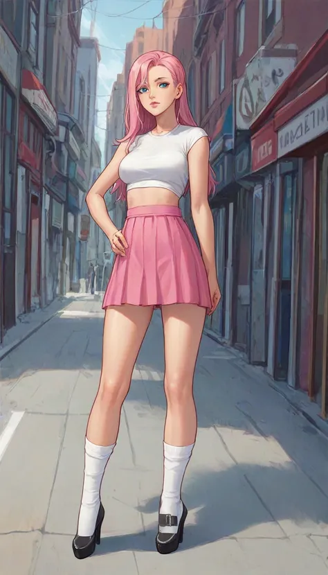  "character": "Beautiful anime girl, 18 years old, with long straight pink hair, large blue eyes, thin arched eyebrows, small upturned nose, thin pink lips, fair skin",
  "outfit": "tight white crop top, short pink skirt, white knee-high socks, black high ...