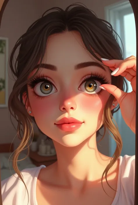 Subject: A woman enhancing her lashes with growth serum,
Creative descriptions: lush eyelashes, enhanced volume, fluttery lashes,
Environment: cozy bedroom with a vanity mirror,
Mood/atmosphere: hopeful, amazed, beauty transformation,
Artists/illustrators:...