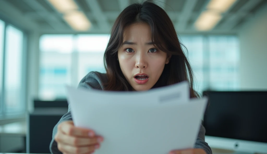 portrait of Korean beautiful woman, sitting in office, jumped up in panic and reached out to grab the documents, daylight, cool light, professional image, professional picture, high quality portrait, photo portrait, an epic non - binary model, professional...