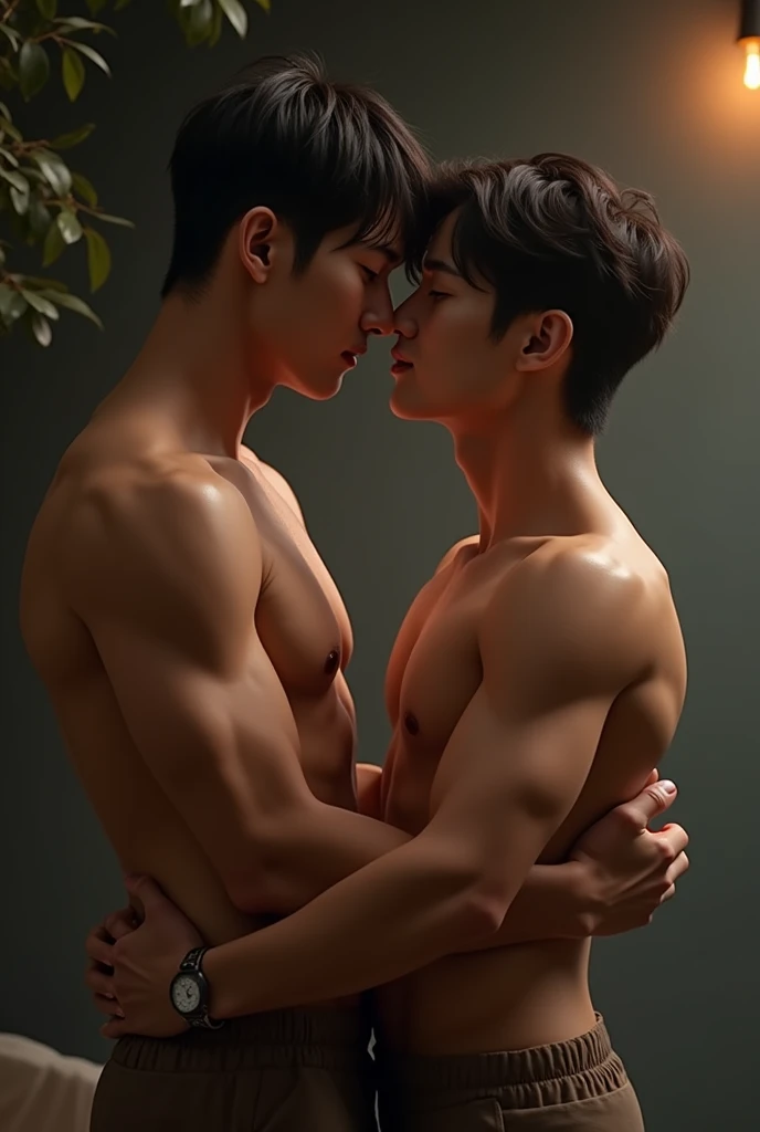 Two Korean gay men together with beautiful naked bodies caressing each other