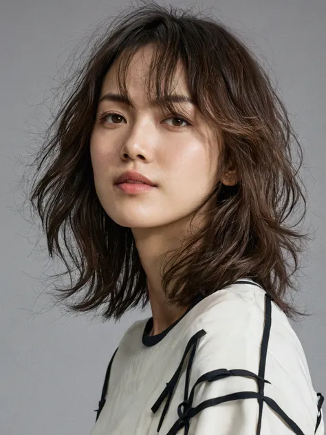 a close up of a woman with a white shirt and a brown hair, kiko mizuhara, wavy shoulder-length hair, messy shoulder-length dark ...