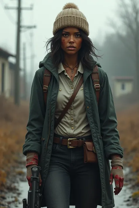 The Walking Dead Series, Female, 31, African American And Native American, Athletic Hourglass Body Type, Brown Honey Eyes, Light Freckles, Black Short Hair, Black Coat And Black Jeans, White Shirt Under Coat, Holstered Gun, Bandages On Her Arms, Combat Boo...