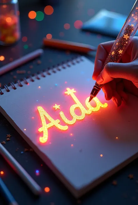 A mesmerizing, hyper-realistic 16K 3D illustration captures a magical moment of pure creativity. A talented artist is masterfully sketching a heartfelt message, "Aida ", in a notebook. The text is composed of vibrant, color sepia stars that smoothly transi...