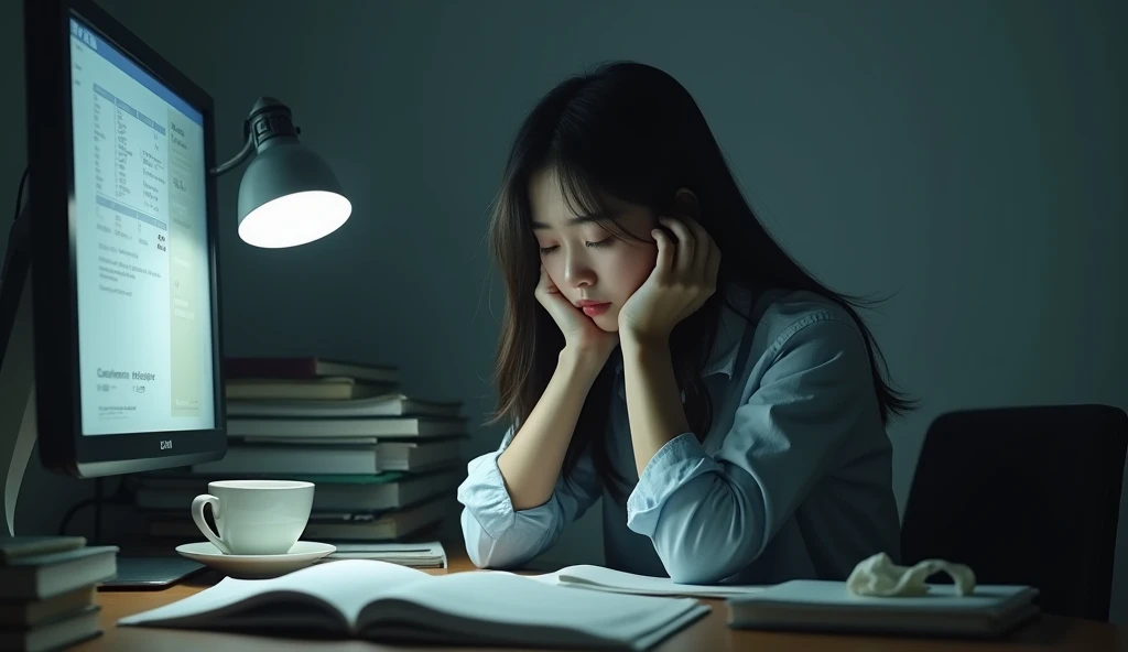 A sad Korean woman, close to collapse, in the workplacem, sitting at a desk with a computer and many documents on it, daylight, cool light, The image should show a sad person in an office, with a despondent facial expression.