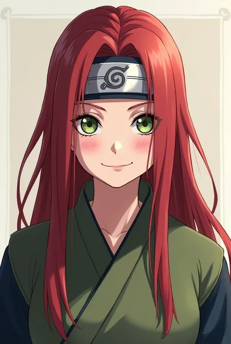 women, Konoha ninja, with a headband, long hair down to the shoulders with straight red bangs, ropa ninja, looking to the camera, shoulder-length portrait, symmetry, White skin, green eyes with long eyelashes, smiling