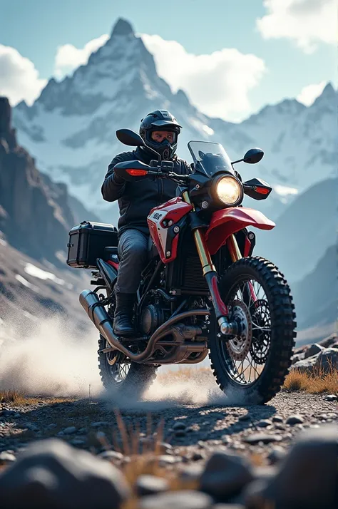 Make me a picture of an adventure motorcycle with a mountain background 