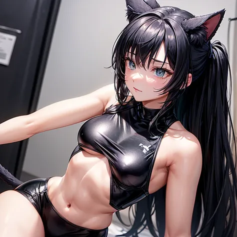 she is wearing black clothes, Exactly, High Cut Bodysuit.A woman boxing　It has cat ears and a tail.