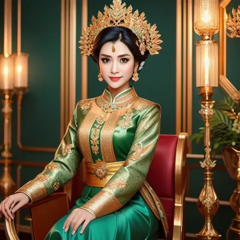 Generate an image of Nyi Roro Kidul, the legendary sea queen, depicted in a modest and elegant manner. The image should focus on her upper body and face, showing her from the waist up. She is wearing a beautiful green kebaya with intricate designs, a luxur...