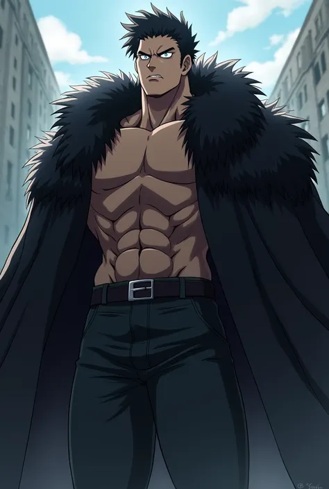 A character from My Hero Academia, tall man with hair combed back, black fur, defined factions, serious, blue eyes.