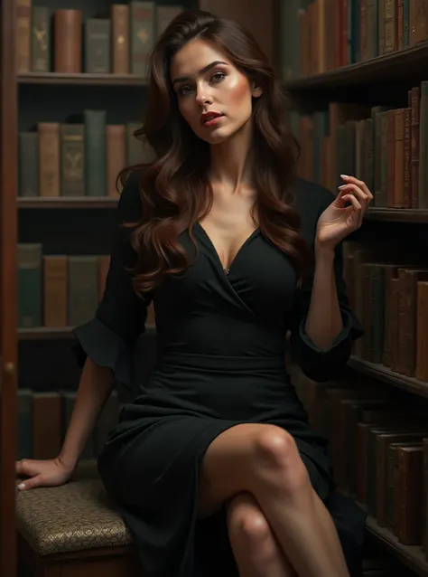 ultra realistic image of a beautiful brunette woman, standing, choosing books in an old library, ultra realistic photography, studio photography, 32k, sensual photo shoot