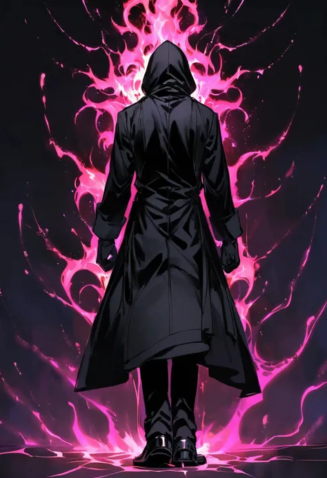 teenage boy, wearing a black overcoat, black gloves, shoes black, face covered with a black hood, black electric aura, crossed arms, with your back supported.