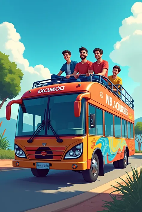 A double-decker travel bus with 4 male friends on top, the bus says its going to Caldas Novas and has a logo that says NB EXCURSÕES. 