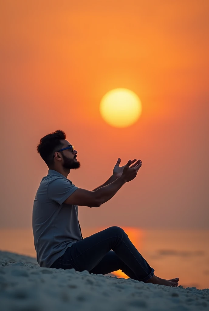 Image setting landscape wide view, featuring high resolution full hd, created a hensom man with a slightly medium body, glasses, Malay face, 28 years, very little short, thin, and neat beard and mustache, sitting on the sand while raising his palms  to the...