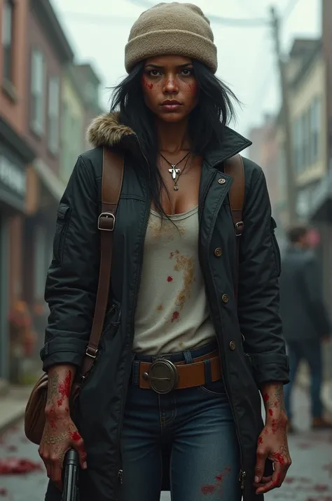 The Walking Dead Series, Female, 31, African American And Native American, Athletic Hourglass Body Type, Brown Honey Eyes, Light Freckles, Black Short Hair, Black Coat And Black Jeans, White Shirt Under Coat, Holstered Gun, Bandages On Her Arms, Combat Boo...