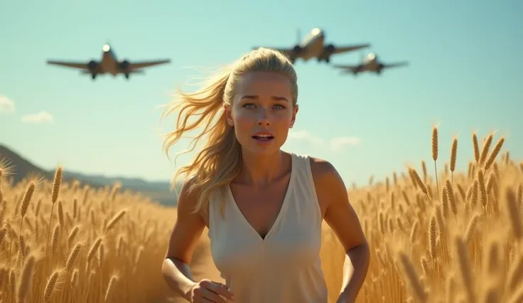 Incomparable masterpiece, ultra-realistic 8k CG, perfect artwork, ((perfect female image)), 
woman running towards the viewer, fighter planes in the sky flying in the opposite direction, wheat field, blue sky,1girl, blonde hair, blue eyes, ponytail, farm g...