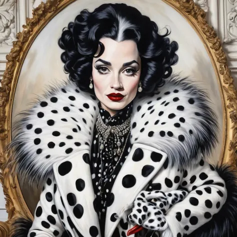 artwork, best quality, Extremely detailed, Surrealism, Reality, painting, Baroque art, Rubens style, Beautiful model Cruella de Vil (Cruella de Vil) Half black, half white, Black spotted fur of a 1920s British Dalmatian