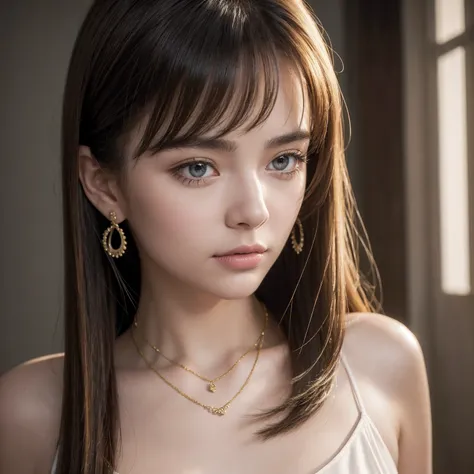 (8k,4K,Top Quality,Hi-Res:1.1),(Realistic, Photorealistic: 1.1),close up of a european,20 year old female,1 girl,独奏,face,twin tails,bangs,gold hair,necklace,earrings,lips,bule eye,eye shadow, Mature,jewelry,beautiful,standing,(small  hips),downtown,natural...