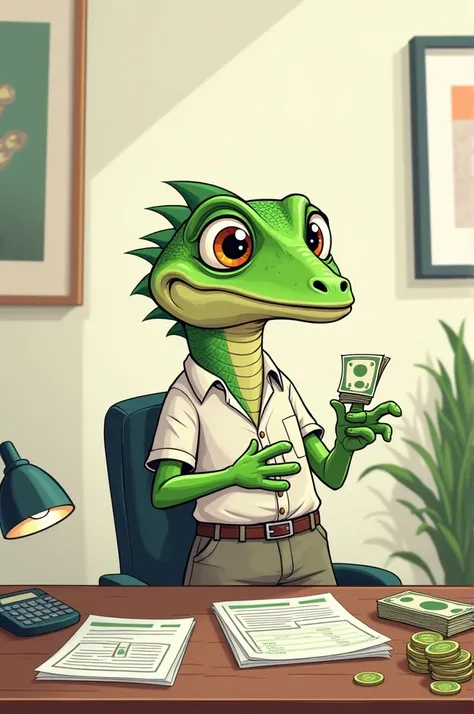 Iguana as a person counting money cartoon version 