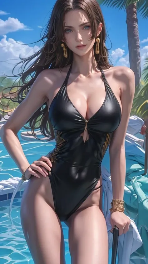 ((Highest quality、8k、masterpiece:1.3)), Long legs, Sharp focus:1.2, Beautiful woman with perfect figure:1.4, Slim Abs:1.1, The background is the pool, ((Dark brown hair、Shortcuts)), ((Racing-style swimsuit, Swimwear,  )), Highly detailed face and skin text...