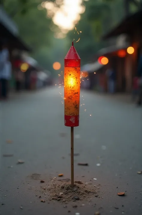 An Indian rocket firecracker positioned upright on a street, with its red and yellow cylindrical head standing out against the dark pavement. The wooden stick at the bottom stabilizes it. The image captures the split second before ignition, with the firecr...