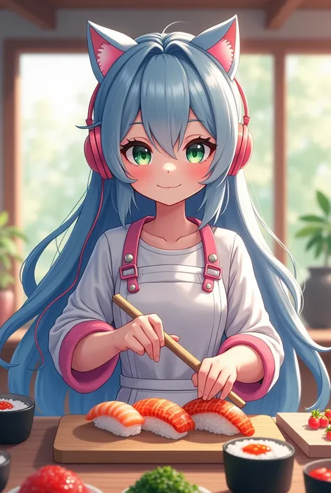 Kawaii Tech girl, long blue and silver hair, green beautiful eyes, cat headphones, with a Kawaii white pink and silver apron, making sushi