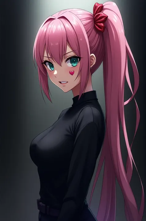 Screenshot Boku no hero academia, pretty Woman, With long hair, tied hair (a tail to the side), smooth fur , pink hair, slanted eyes, light green eyes, heart rings , bad expression on the face and showing fangs, wearing a black shirt and pants, in a dark b...