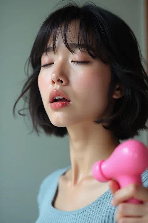 Highest quality,Japanese Idols, Short Hair、bangs、Award-winning photo, Very detailed, Edge Orgasm, Face Focus, (Woman with open mouth and closed eyes ), Age 25、Black Hair、 News anchor、Glowing Skin,From below、Realistic nostrils、Browsing Caution,Shortcuts、Big...