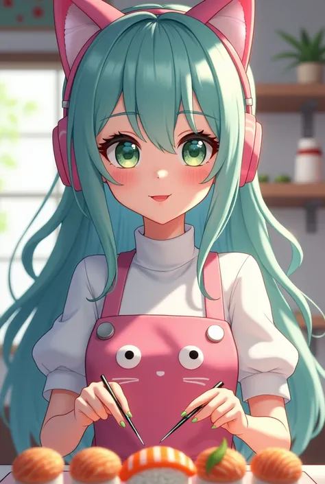 Kawaii Tech girl, long blue, ligth green and silver hair, green beautiful eyes, cat headphones, with a Kawaii white pink and silver apron, making sushi