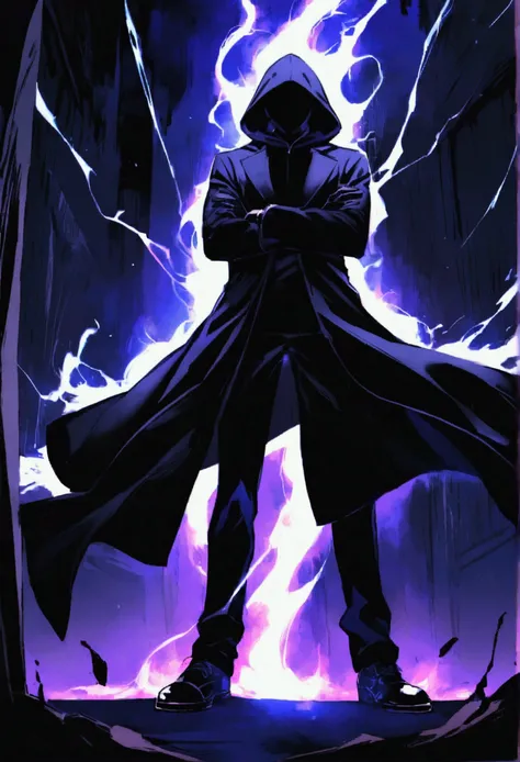 teenage boy, wearing a black overcoat, black gloves, shoes black, face covered with a black hood, dark blue electric aura, crossed arms, imposing presence