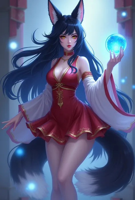 Ahri from League of Legends is a character inspired by the Korean myth of the nine-tailed fox, or "gumiho." She has a distinctly magical and enchanting appearance:

Hair and Face: Ahri has long, flowing, dark blue-black hair that cascades down her back. He...