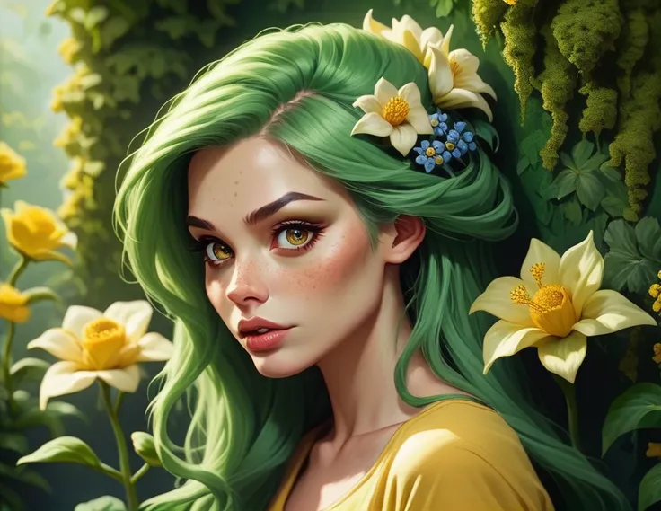 woman with yellow shirt and yellow flowers in hair in front of green flowers wall, 1 girl, standing alone, flowers, jewerly, hair ornament, aretes, hair flowers, red nails, ssmile, long hair