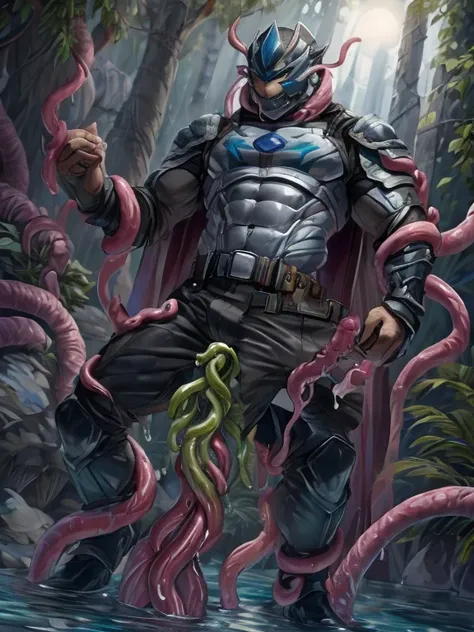 superhero, hero, strong and robust male, armor, tentacle entanglement, uniform, binding hands togethe, foreign object invasion, ...