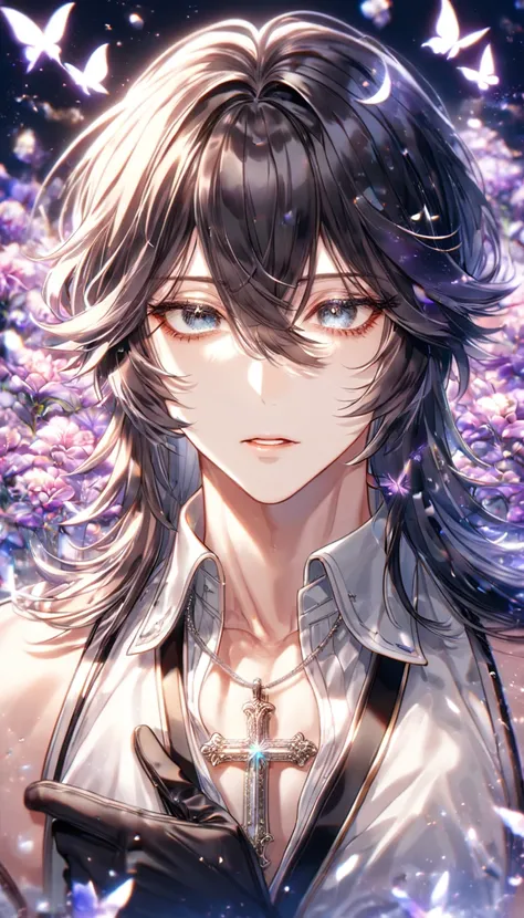 absurdres, highres, ultra detailed, HDR, master piece, best quality, extremely detailed, delicated features, Ruka Kurosuzeria, medium-length hair, black hair, hair that parts just above his left eye, hair between the eyes, expressive gray eyes, Uragiri Was...