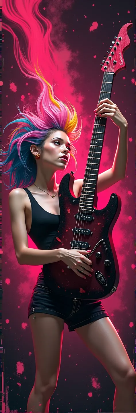 A mesmerizing dark fantasy painting captures the essence of a young woman with multicolored hair – pink, blue, and yellow – wearing black shorts and jeans. Passionately playing an electric guitar that radiates vibrant red light, she embodies the spirit of ...