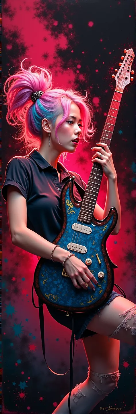 A mesmerizing dark fantasy painting captures the essence of a young woman with multicolored hair – pink, blue, and yellow – wearing black shorts and jeans. Passionately playing an electric guitar that radiates vibrant red light, she embodies the spirit of ...