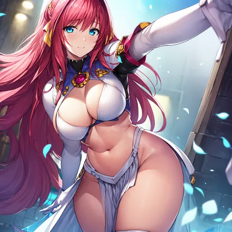 (Ultra extreme detailed),(Masterpiece),(Ultra extreme),(Realistic),CG,(color:1.2), Beautiful lighting,Light from the front, alone,Smiley, Escalayer,pink hair,long hair,hair_ornament,blue eyes,Pink Dress,White long gloves,thigh_boots,large breasts