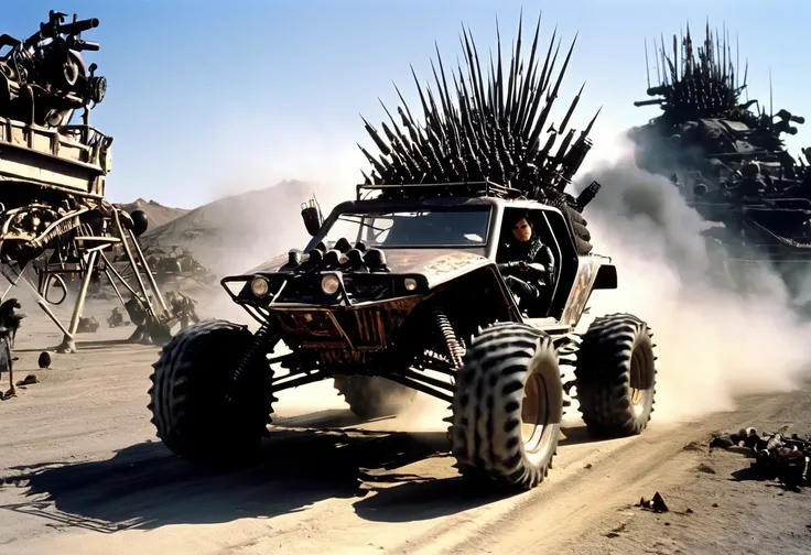 Movie Road Warrior) Action photography of a wasteland rail buggy with many spikes, guns, and lights, driven by a cannibal mutant (Kelly Hu, age 25, sexy leathers, mohawk, tattoos), low angle view
