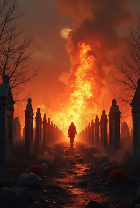 a cemetery in flames