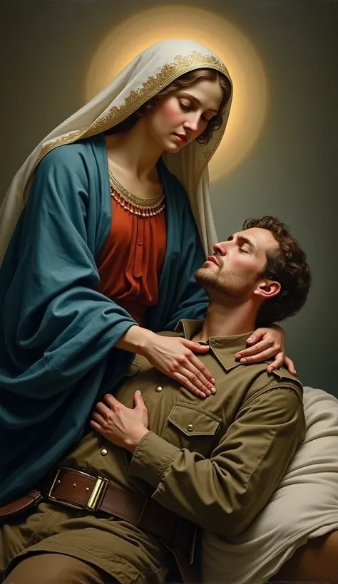 The beautiful Virgin Mary tenderly watches over a wounded soldier