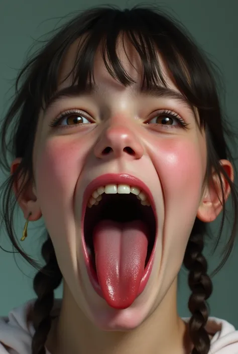 ((best quality)), ((masterpiece)) Girl with down syndrome opens her mouth wide showing you her uvula and super thick slimy and very meaty Tongue with a sensual expression on her face